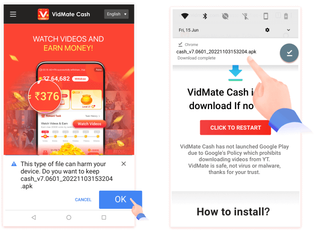 "OK" on Chrome, then click the Download complete notification after download. There may be warnings while you downloading a apk file on Chrome. Click OK to Continue.